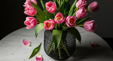 Bouquet of pink tulips in a vase on a white marble tableの素材