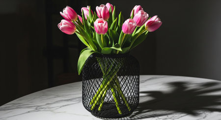 Bouquet of pink tulips in a vase on a tableの素材