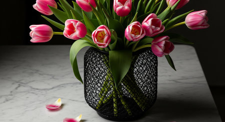 Bouquet of pink tulips in a black vase on a white marble tableの素材