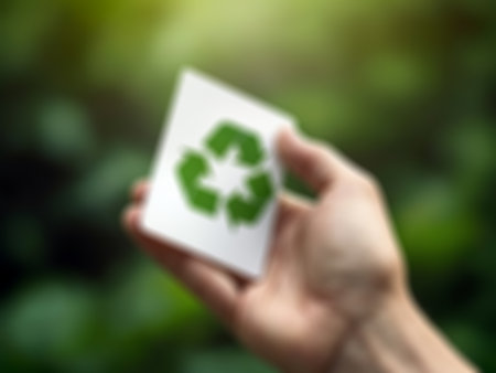 Hand holding a white paper with a recycling symbol on nature background.の素材