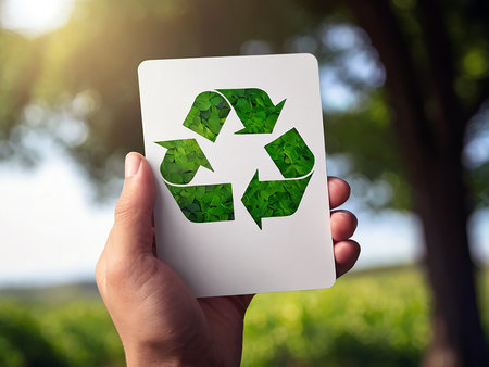 Female hand holding a white card with a green recycle sign on the background of natureの素材