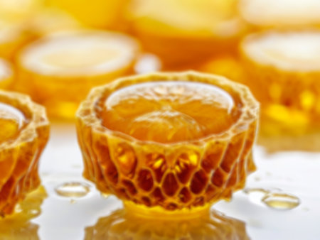 Honey in honeycombs on a white background. Shallow depth of fieldの素材