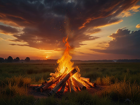 Bonfire in the meadow at sunset. Beautiful nature background.の素材