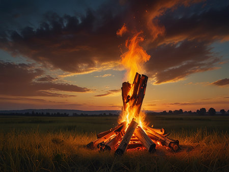 Bonfire in the meadow at sunset. 3D rendering.の素材
