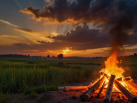 Sunset over a campfire in a rice field in the countrysideの素材