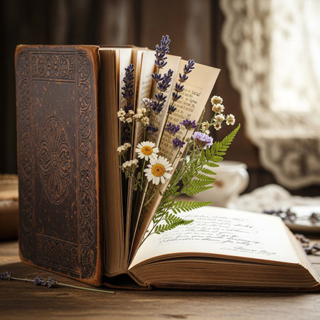 Old book with dried flowers and lavender on a wooden table.の素材