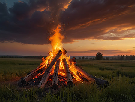 Beautiful bonfire in the field at sunset. Summer landscape.の素材