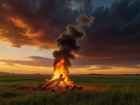 Burning bonfire in rice field at sunset. 3D renderingの素材