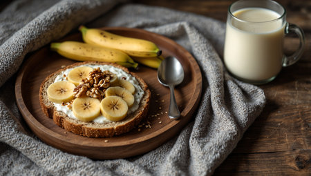 Healthy breakfast with banana and cottage cheese on a wooden background.の素材