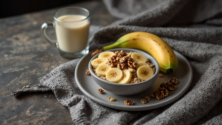 Healthy breakfast with oatmeal, banana and nuts on dark backgroundの素材