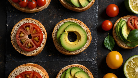 Variety of mini sandwiches with avocado, cherry tomatoes and basil on black backgroundの素材