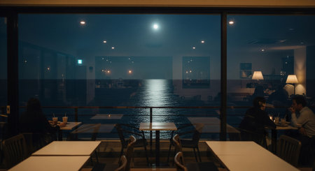 Luxury restaurant in a night city with a view of the oceanの素材