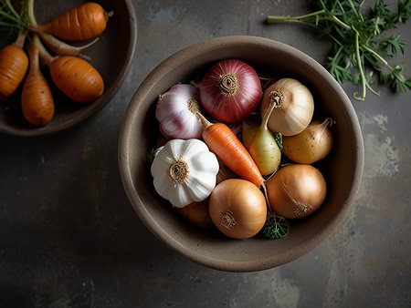 onion, garlic and carrots in a clay bowl on a dark backgroundの素材