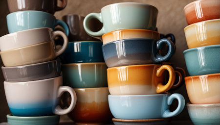 Colorful ceramic cups on rustic wooden background, selective focus.の素材