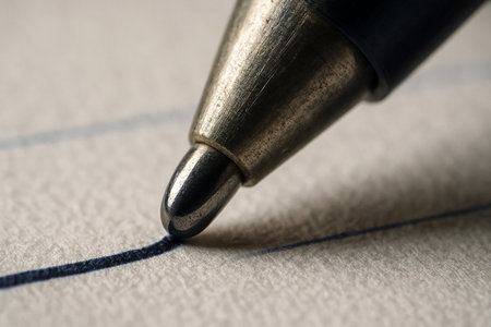 Close-up of a ballpoint pen on a white sheet of paperの素材