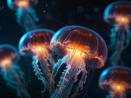 Jellyfish floating in the water. 3d rendering image of jellyfishの素材