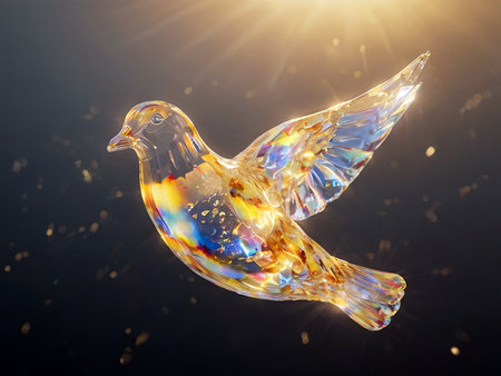 Beautiful bird made of glass on a black background with rays of lightの素材