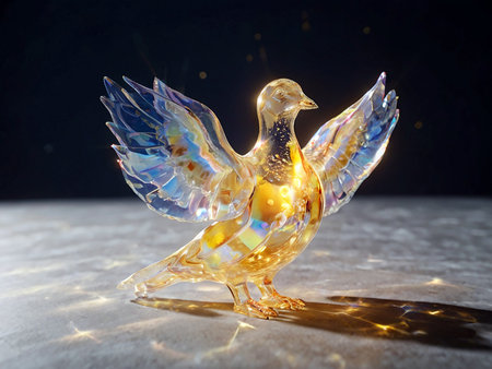 Golden bird made of glass on a dark background. 3d renderingの素材