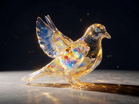 3d rendering of a golden bird made of glass on a dark backgroundの素材