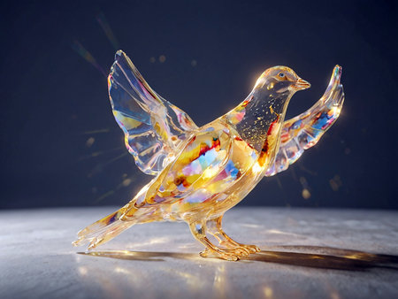 Colorful bird made of glass on black background. 3d renderingの素材