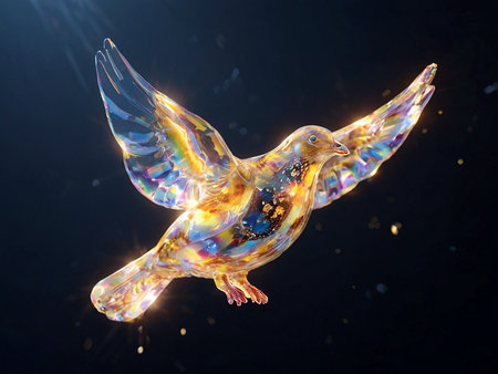 3d rendering of a flying colorful dove on a dark background.の素材