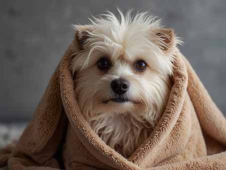 Cute dog wrapped in warm blanket on gray background, closeupの素材