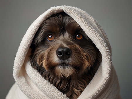 Cute dog after shower in towel on gray background, closeupの素材
