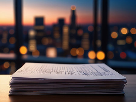 A stack of documents on a wooden table in front of a city viewの素材