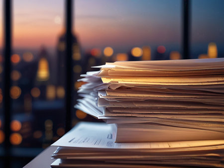 Pile of documents on office desk with city view background at sunsetの素材