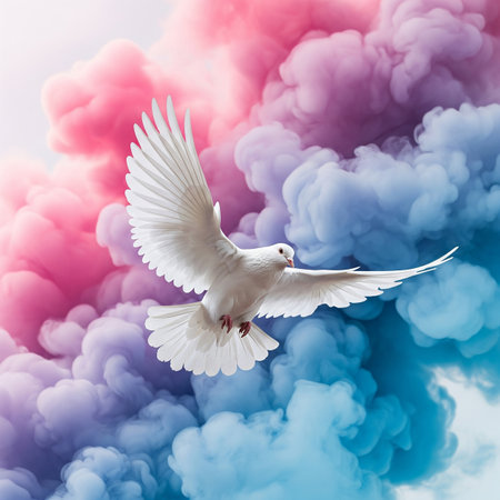 White dove flying in the sky with colorful clouds and blue sky.の素材