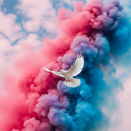 Flying white bird with red and blue clouds on a background of blue skyの素材