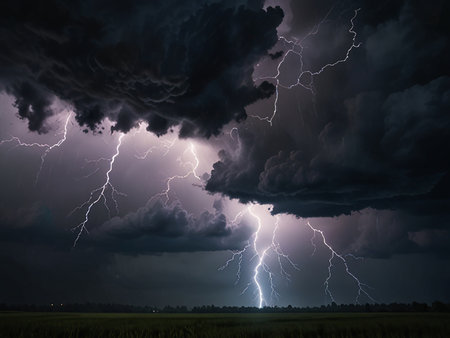 Lightning in the dark stormy sky. 3D Renderingの素材