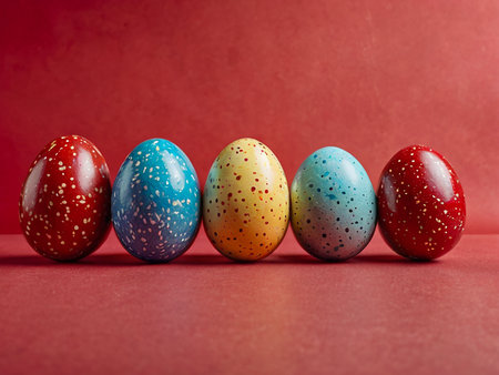 Colorful easter eggs on red background. Happy Easter!の素材