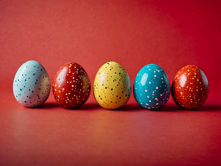 Colorful easter eggs on red background. Happy easter.の素材