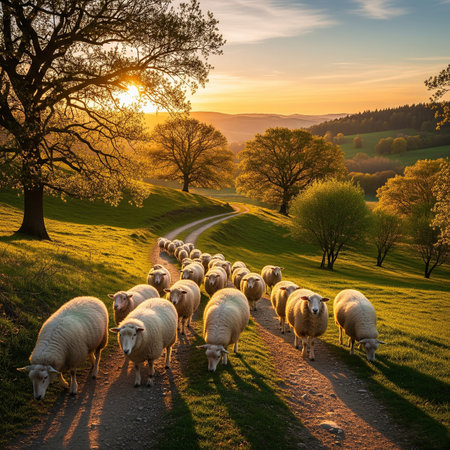 Flock of sheep in the meadow at sunset, Czech Republicの素材