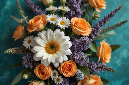 Beautiful bouquet of flowers on blue background, top view.の素材