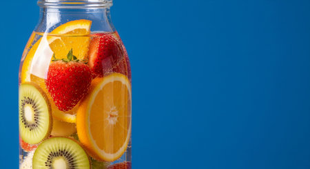 Bottle of water with fruits and berries on pink background. Concept of healthy lifestyle.の素材