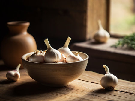 Garlic in a wooden bowl on a wooden table. Selective focus.の素材