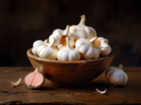 Garlic in a clay bowl on a wooden background. Selective focus.の素材