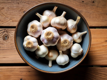Garlic bulbs and cloves in a bowl on a wooden background.の素材