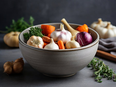 Fresh vegetables in a bowl on a gray background. Selective focus.の素材