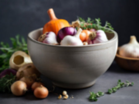 Garlic, onion and thyme in a bowl on a dark backgroundの素材