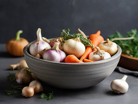 Fresh vegetables in a bowl on a gray background. Selective focus.の素材