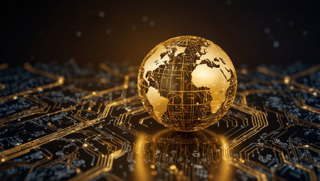 Abstract technology background with circuit board and globe. 3D rendering.の素材