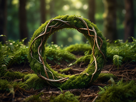 Wedding ring made of green moss in forest. 3D renderingの素材