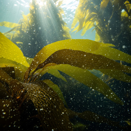 Beautiful green and yellow seaweed under sunlight. Underwater backgroundの素材