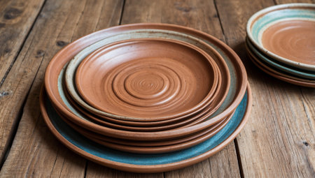 Ceramic plates and bowls on a wooden background. Selective focus.の素材