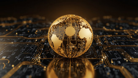 3d rendering of world globe on circuit board background. Technology conceptの素材