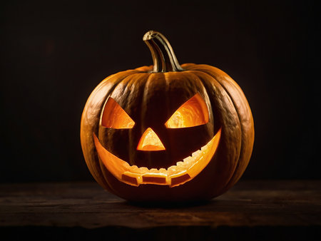Halloween pumpkin head jack o lantern on wooden table and dark backgroundの素材