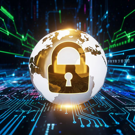 Cyber security concept. Globe and padlock on circuit board background. 3D renderingの素材